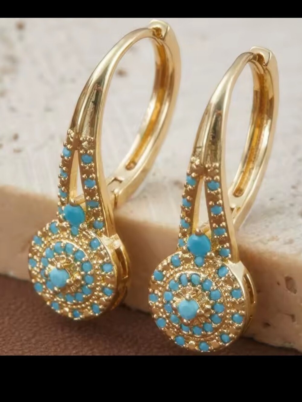 Gold Turquoise Earrings Women's Dangle Jewelry G28 - Picture 3 of 3